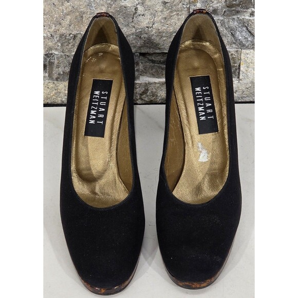 Stuart Weitzman Suede Leather Pumps Tortoise Shell Heel Black Spain Women's 8AA - Picture 5 of 13
